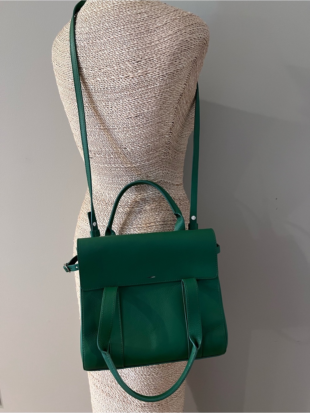 Shinola Kelly Green Leather Satchel with Top Handle and Crossbody Strap